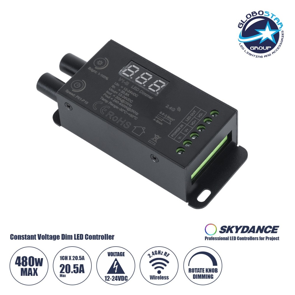 GloboStar® 73116 V1-B SKYDANCE DC RF 2.4Ghz Dimmer Constant Voltage Controller 1 Κανάλι DC 12-24V 1 x 20.5A 480W - Max 20.5A 480W - IP20 Μ9 x Π4 x Υ2.8cm - 5 Χρόνια Εγγύηση